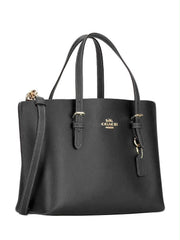 black Coach Mollie Tote 25 crafted in pebbled leather with dual buckled top handles and gold-tone hardware.