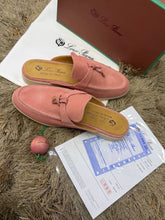 Loro Piana Summer Charms Walk suede mules in a soft pink shade, featuring the brand's
