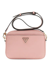 GUESS Meridian camera bag features a signature triangular logo plate on the front.