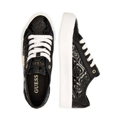 Guess Jlove sneakers, featuring a sleek black faux leather design with a distinctive