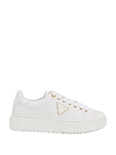 GUESS Women's Miram sneakers in white, featuring a prominent triangular logo patch