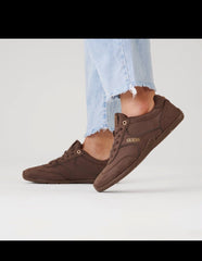 Guess Gabiey low-profile suede lace-up sneakers in a brown colorway.