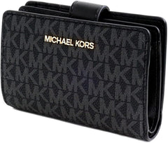 Michael Kors wallet features the brand's signature monogram pattern in black with prominent