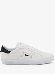 white Lacoste Powercourt 2.0 sneakers featuring a black heel accent and embroidered crocodile