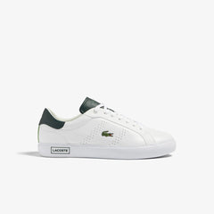 Lacoste Men's Powercourt 2.0 Leather Sneakers, featuring a clean white leather upper and a green heel pop.