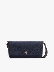Tommy Hilfiger TH Monoplay Flap Crossbody Bag, featuring an all-over blue-and-black jacquard monogram