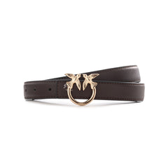 Pinko Lovebirds Design Slim Leather Belt -Brown/Gold