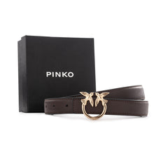 Pinko Lovebirds Design Slim Leather Belt -Brown/Gold