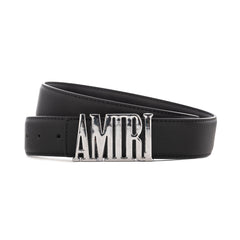 Amiri Logo grain leather belt | Black/Silver