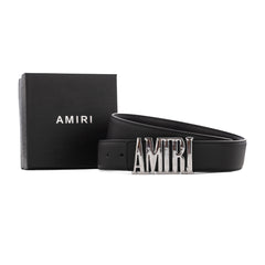 Amiri Logo grain leather belt | Black/Silver