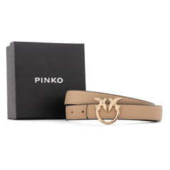 Pinko Lovebirds Design Slim Leather Belt - Beige/Gold