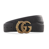 Gucci GG Embossed Leather Belt with Textured Aged Gold Buckle