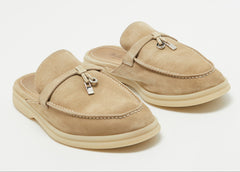 Loro Piana Beige Suede Babouche Charms Walk Flat Mules - Light Beige / Sand