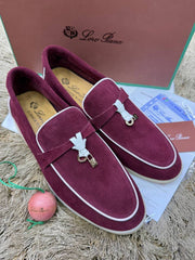 Loro Piana Summer Charms Walk Loafers in a rich burgundy suede featuring signature white piping