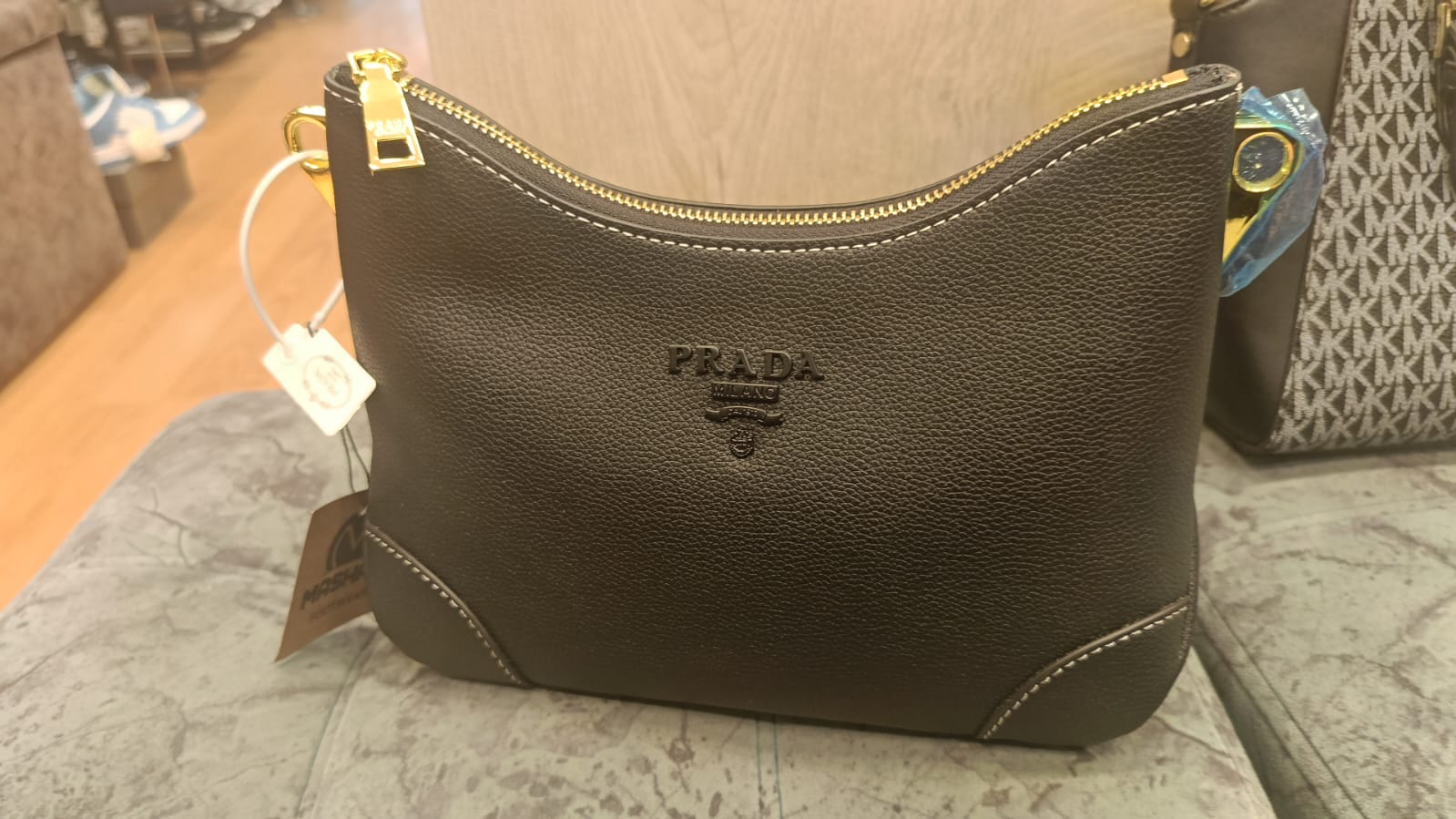 Prada Grained Leather Shoulder Bag - Black