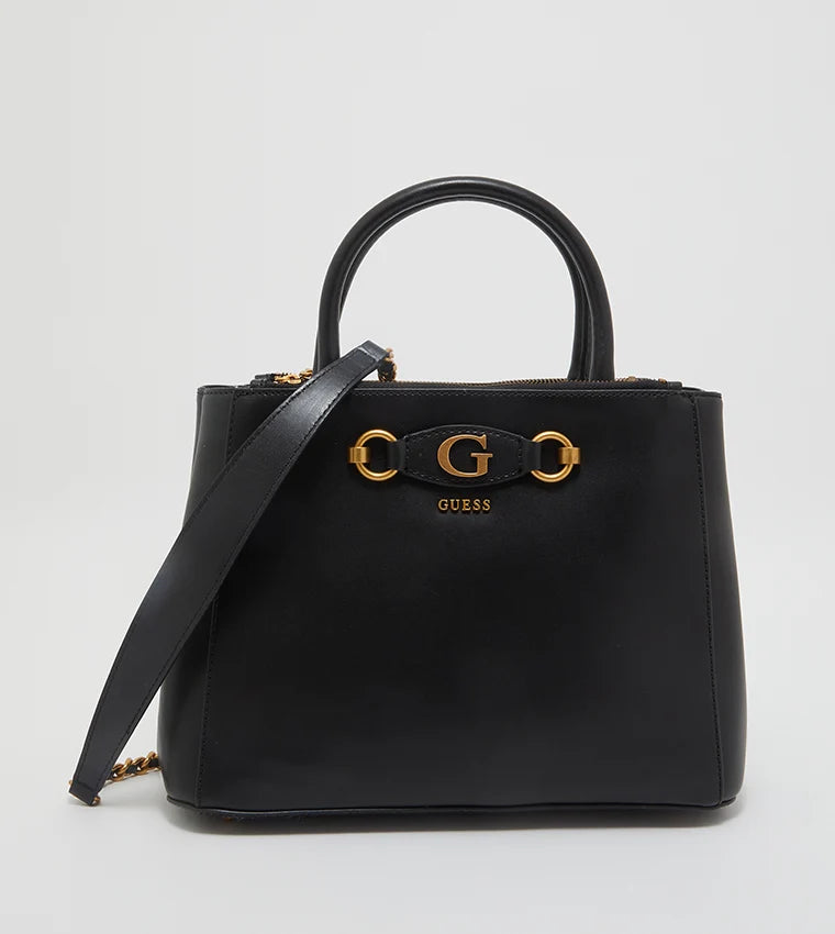 Guess Izzy satchel is crafted from black faux leather and features