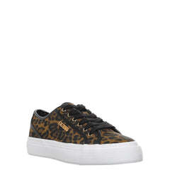 Guess Jelexa9 sneakers, featuring a bold brown leopard print with sleek black trim and gold