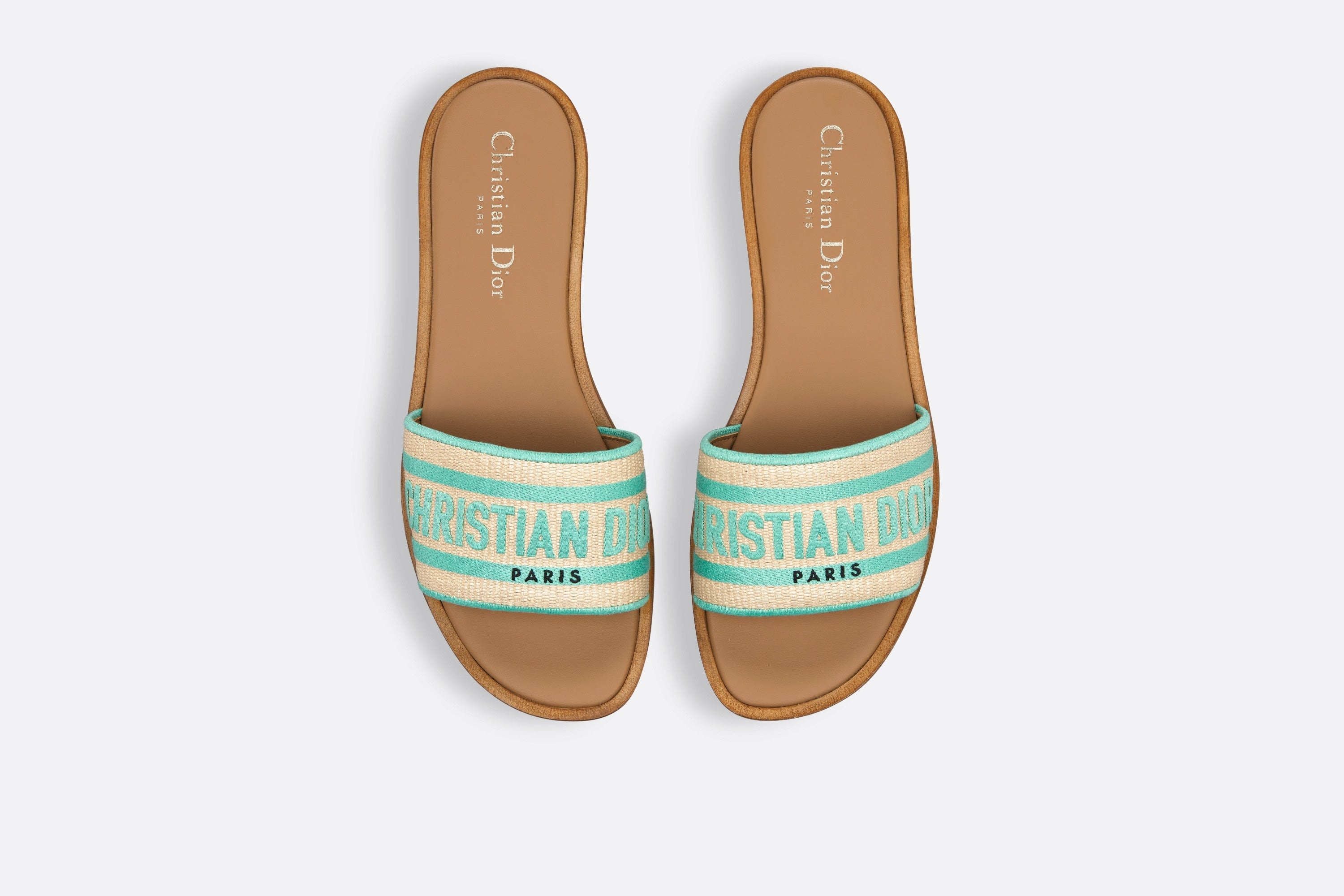 Dior Dway Slide in Aqua and Beige Woven Raffia