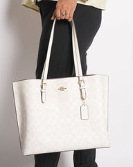 Coach Mollie Tote in Signature Canvas Chalk, featuring a subtle tonal monogram pattern