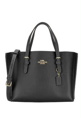 black Coach Mollie Tote 25 crafted in pebbled leather with dual buckled top handles and gold-tone hardware.
