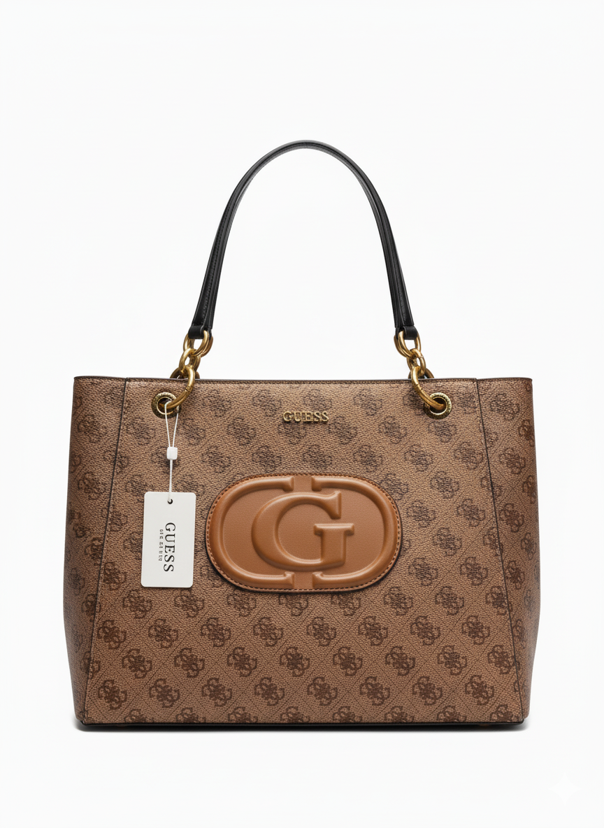 Guess Signature Tote Bag with Appliqué Logo - Brown