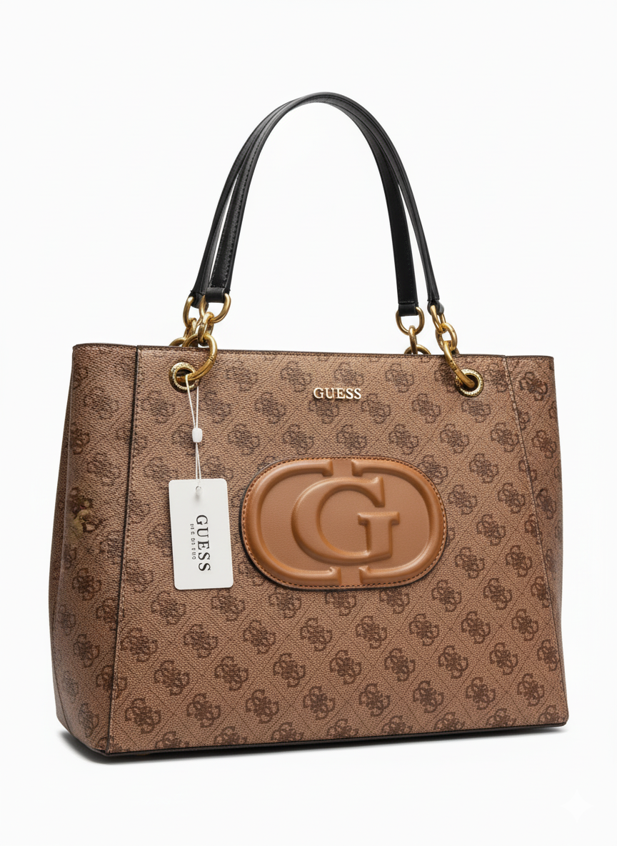 Guess Signature Tote Bag with Appliqué Logo - Brown