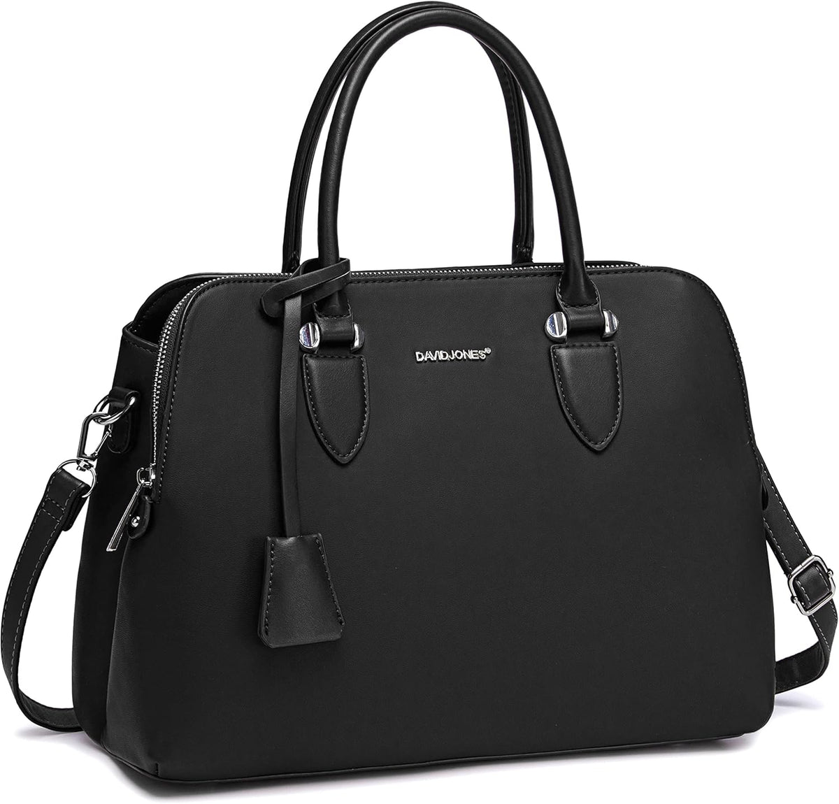 This is a black faux leather David Jones brand handbag.