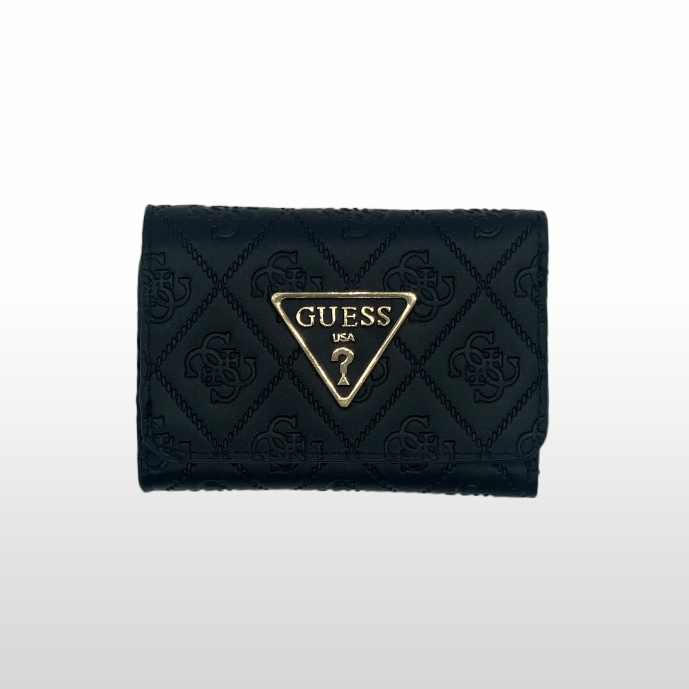 Guess trifold wallet features a black