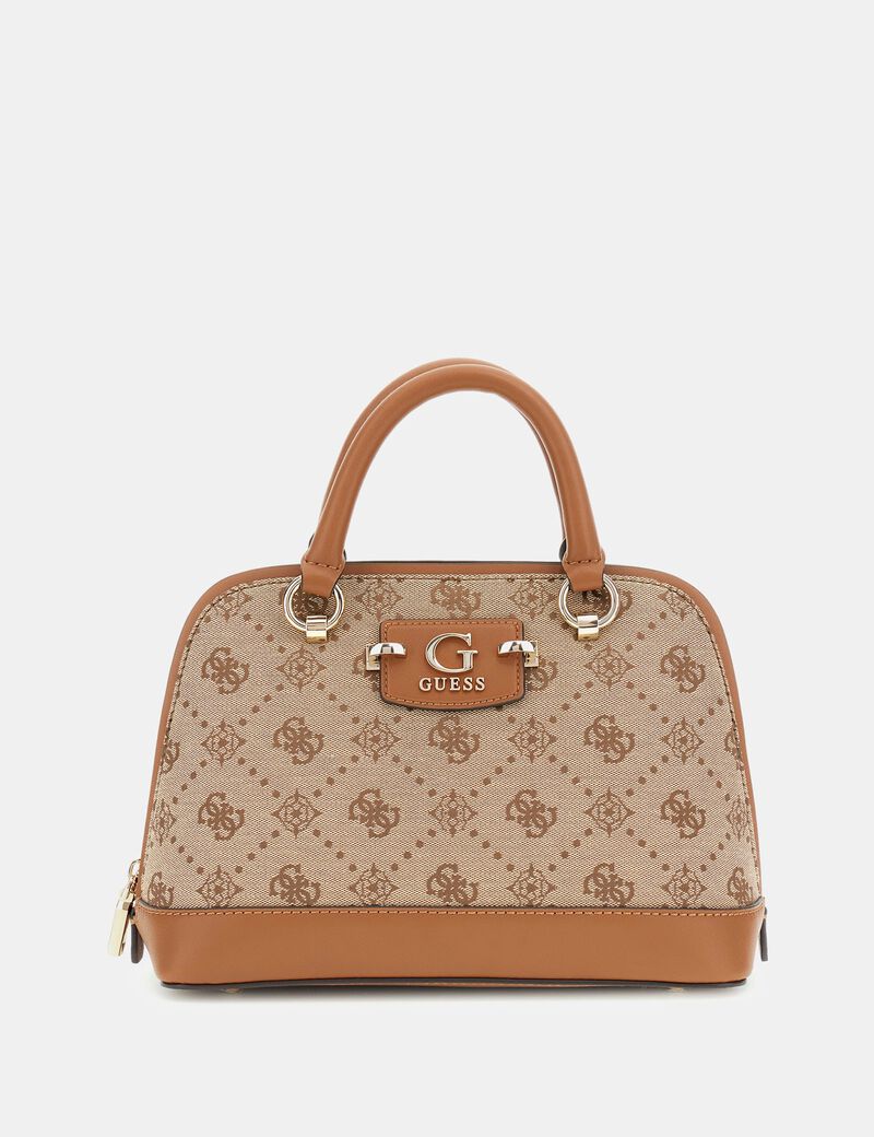 Guess Neda Dome Satchel features a brown 4G peony logo