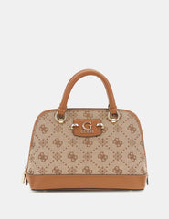 Guess Neda Dome Satchel features a brown 4G peony logo