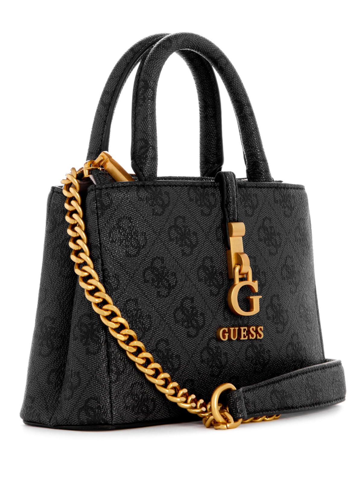 Guess James Logo Handbag featuring a dark grey monogram print and antique