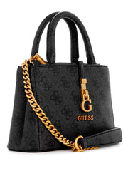 Guess James Logo Handbag featuring a dark grey monogram print and antique
