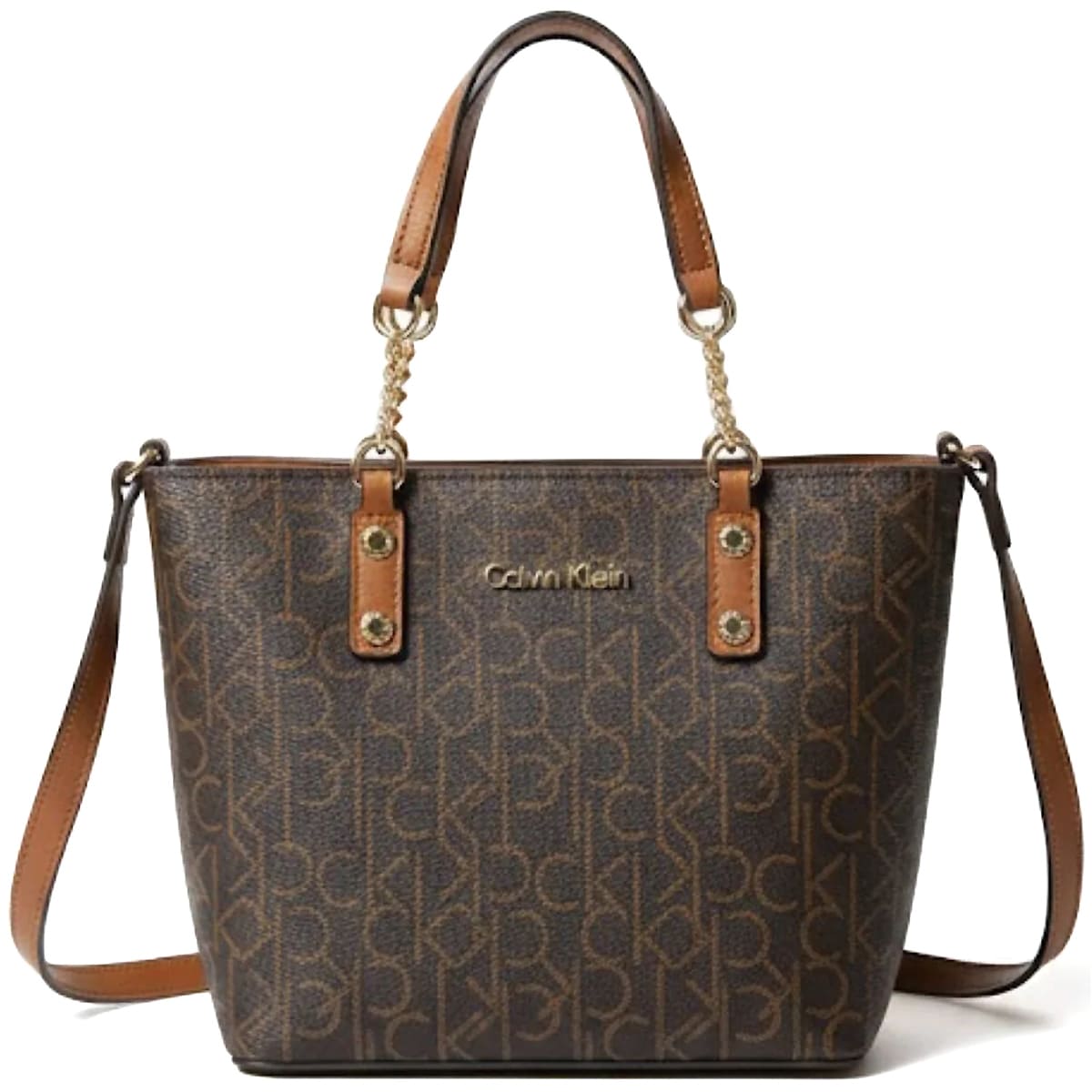 Calvin Klein women’s shoulder bag features a brown monogram pattern and gold