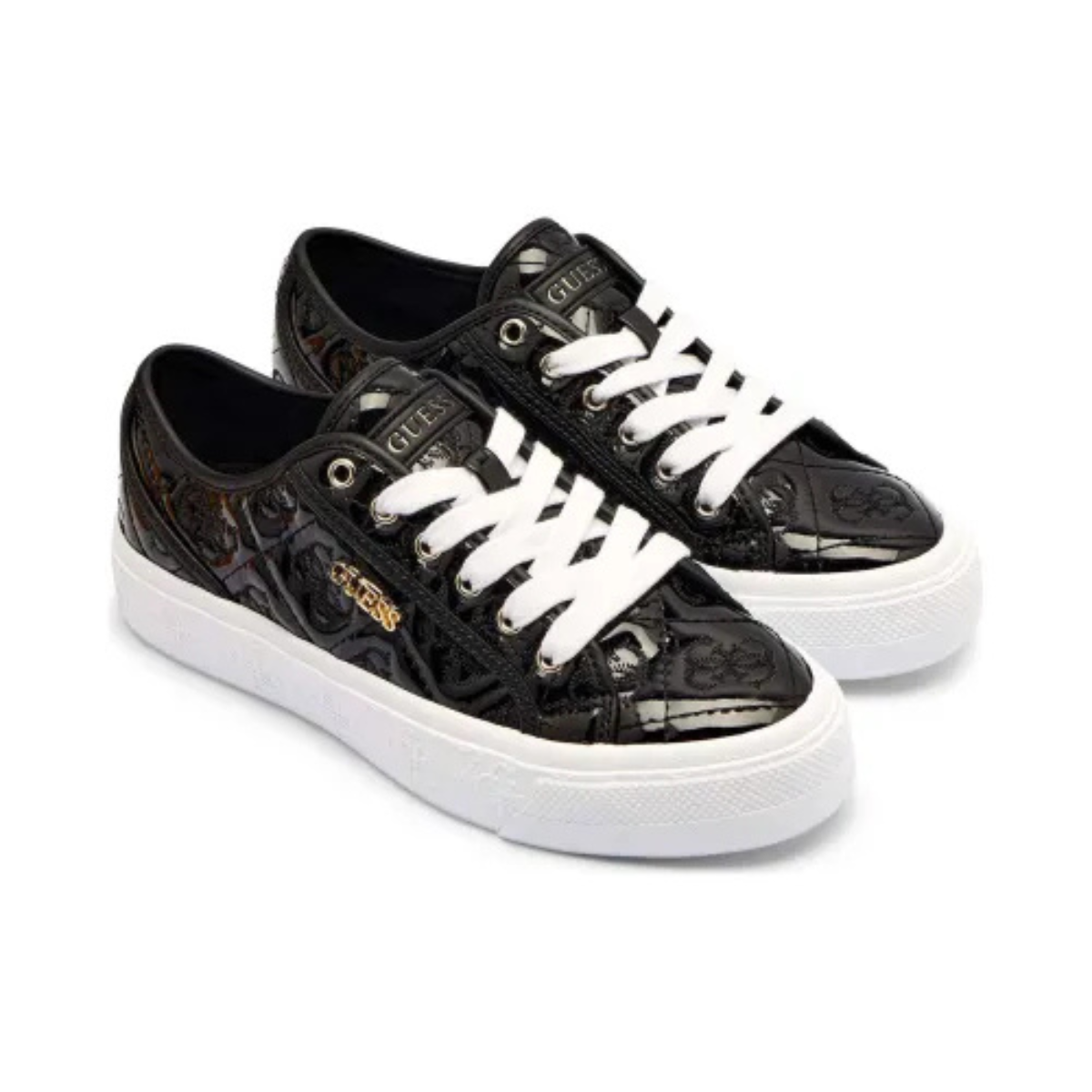Guess Jlove sneakers, featuring a sleek black faux leather design with a distinctive