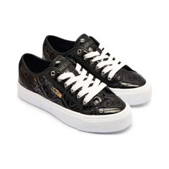 Guess Jlove sneakers, featuring a sleek black faux leather design with a distinctive