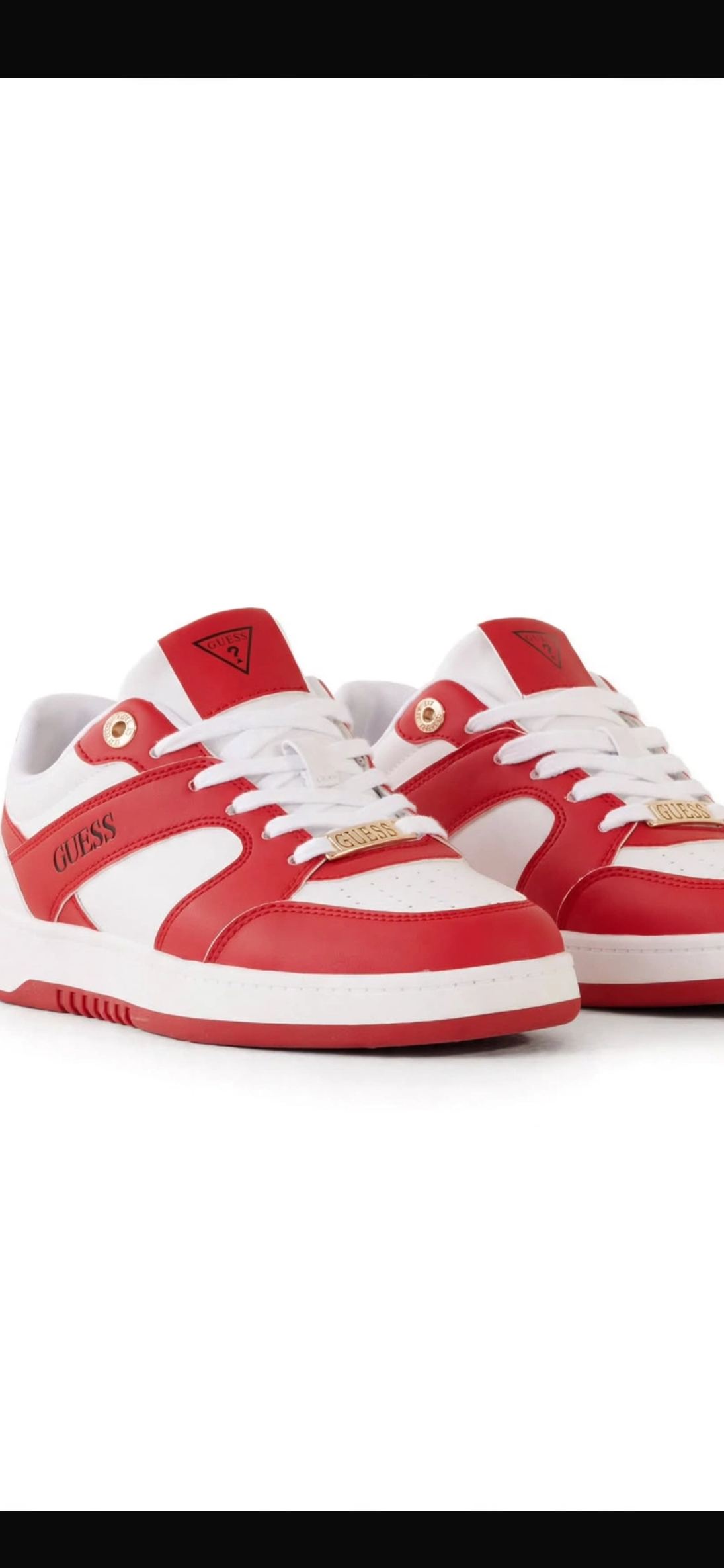 Guess Ellies women's sneakers in a white and red colorway, featuring a prominent gold