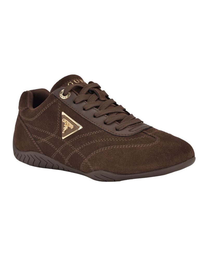 Guess Gabiey low-profile suede lace-up sneakers in a brown colorway.