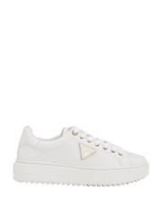 GUESS Women's Miram sneakers in white, featuring a prominent triangular logo patch