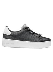 Michael Kors Poppy sneakers feature a black monogram pattern with a distinctive silver metallic