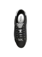 Michael Kors Poppy sneakers feature a black monogram pattern with a distinctive silver metallic