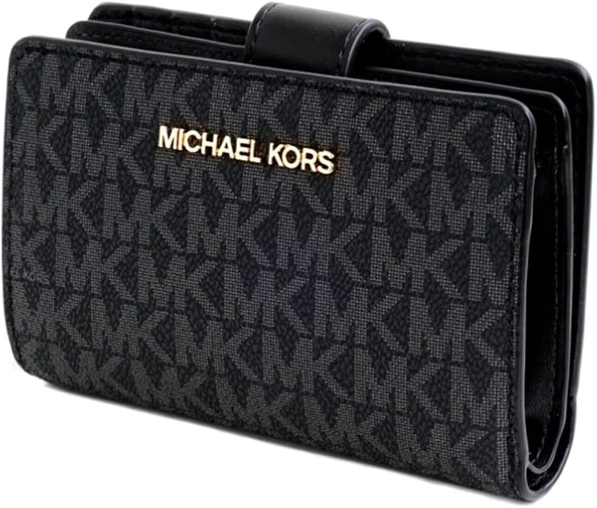 Michael Kors wallet features the brand's signature monogram pattern in black with prominent