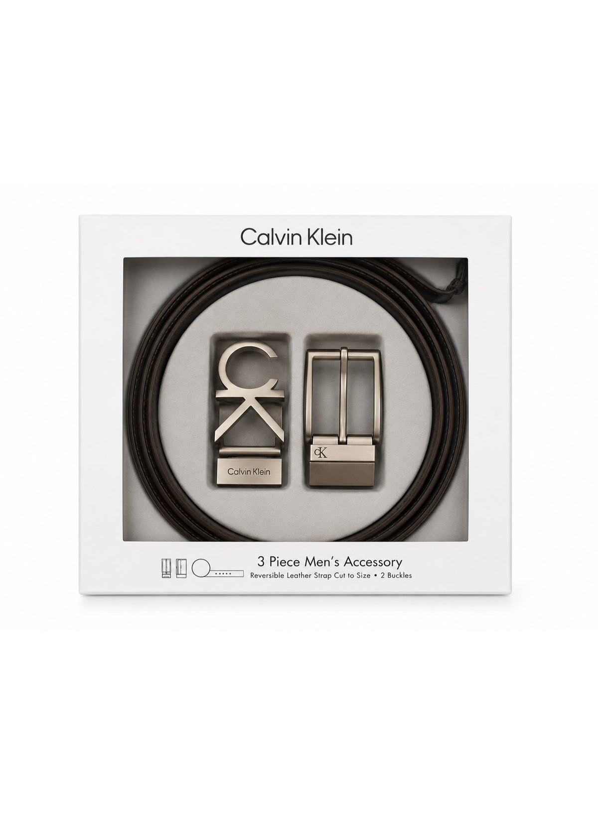 Calvin Klein 3-piece accessory set features a reversible leather strap and two