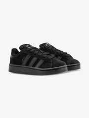 Adidas Campus 00s trainers featuring a black suede upper and prominent white 'CAMPUS' branding on the side.