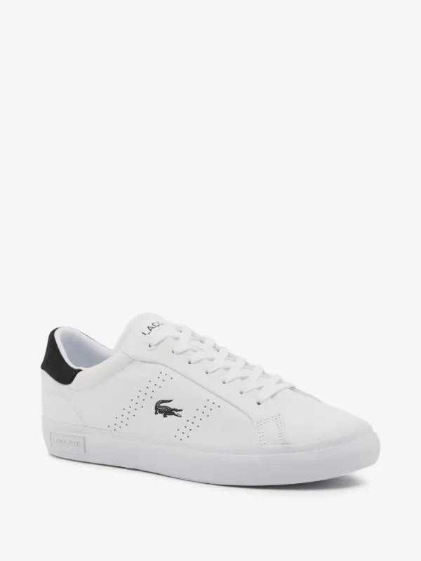 white Lacoste Powercourt 2.0 sneakers featuring a black heel accent and embroidered crocodile