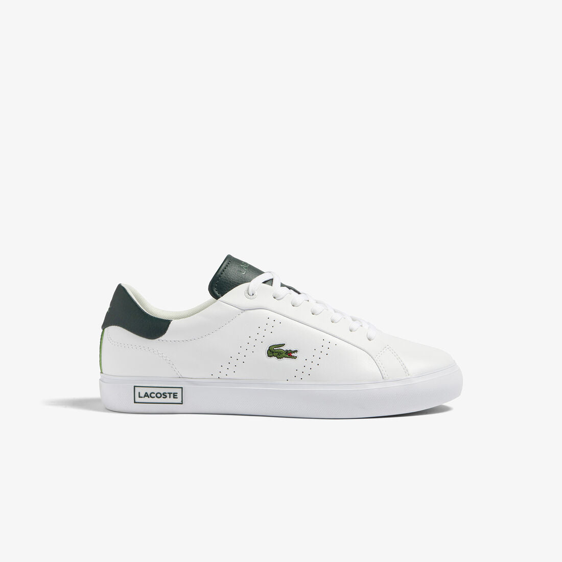 Lacoste Men's Powercourt 2.0 Leather Sneakers, featuring a clean white leather upper and a green heel pop.