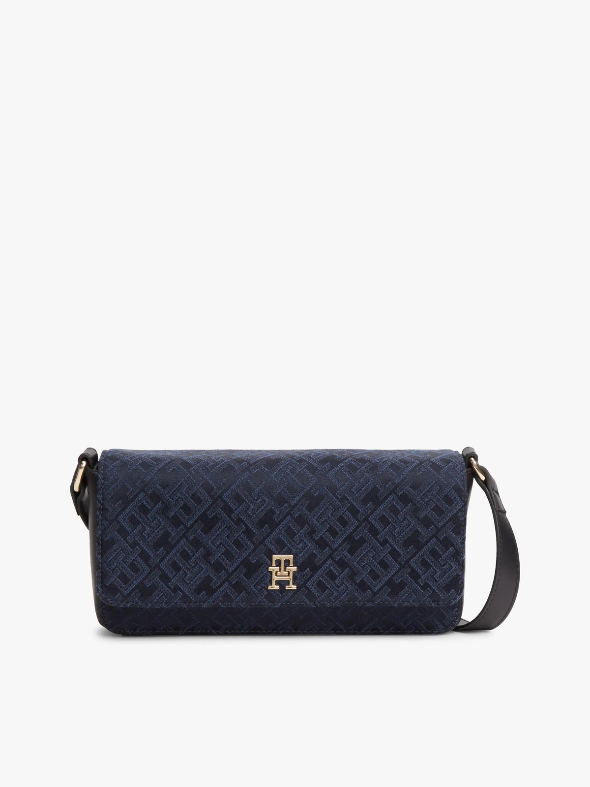 Tommy Hilfiger TH Monoplay Flap Crossbody Bag, featuring an all-over blue-and-black jacquard monogram