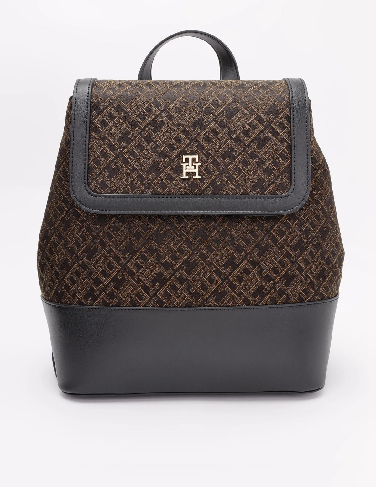 Tommy Hilfiger IM LATAM Jacquard Backpack featuring an all-over monogram pattern with a prominent gold-