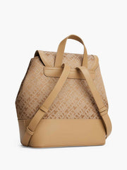 Tommy Hilfiger monogram jacquard flap backpack featuring a classic tan and brown