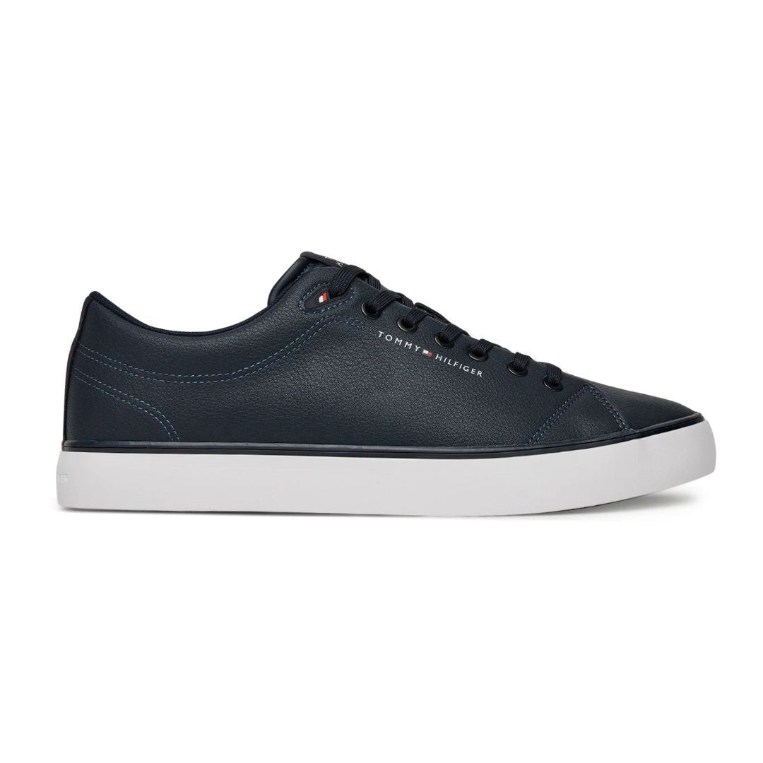 the Tommy Hilfiger Logo Lace-Up Trainers in desert sky navy blue, featuring a clean