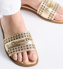 Dior Or D-Lane Slide Gold-Tone Openwork Microcannage Laminated Calfskin